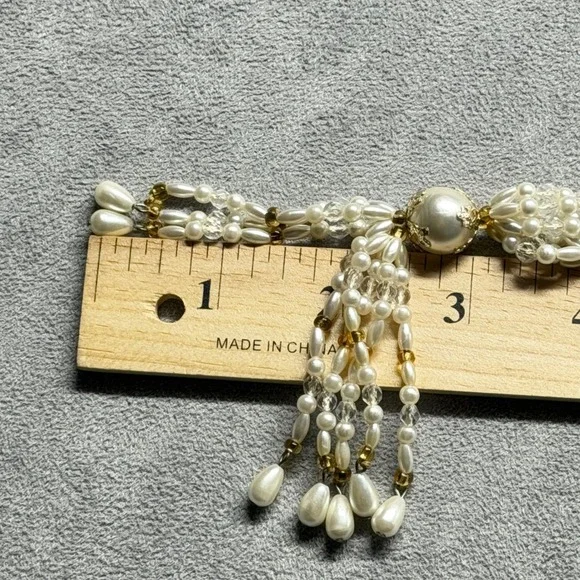 Vintage Faux Pearl and Crystal Beaded Tassel Necklace Opera Length Cream Gold - Picture 8 of 9